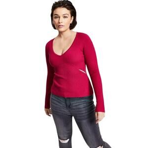 Bar III Red Ribbed V-Neck Sweater - Side Cutout Long Sleeve Knit Top M